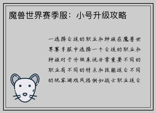 魔兽世界赛季服：小号升级攻略
